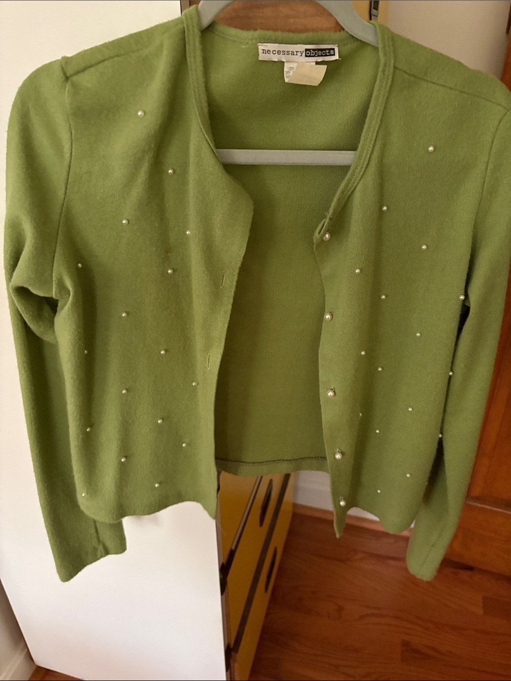 Necessary Objects Light Olive Pearl-Embellished Cardigan